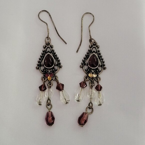Boho Antique Gold Dangling Earrings With Purple & Clear Beads Teardrop Design Ho - Picture 1 of 6